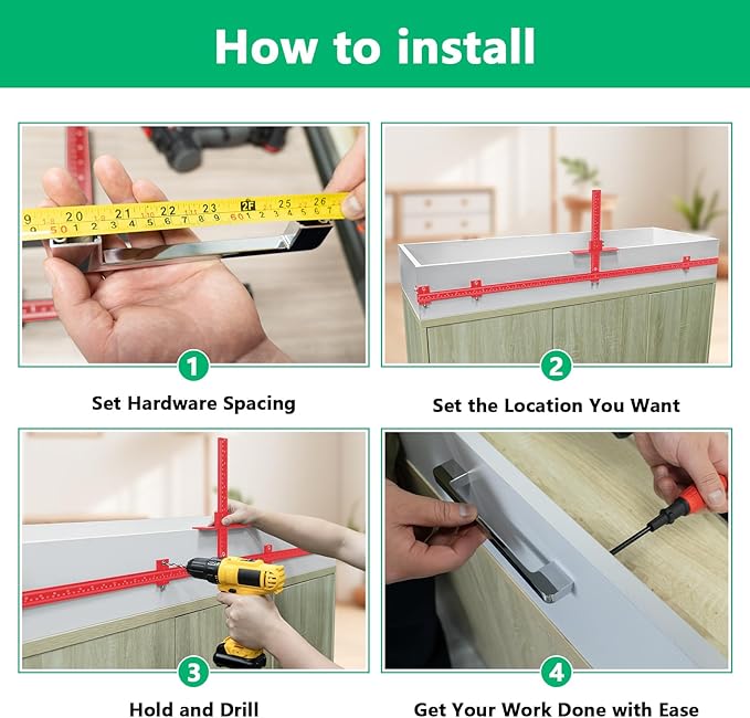 44" & 16" Max Cabinet Hardware Jig Kit, Cabinet Handle Jig and Auto Center Punch, Aluminum Alloy Cabinet Handle Template Drill Guide, Cabinet Pull Jig for Long Handles/Knobs/Pulls, Drawer/Door