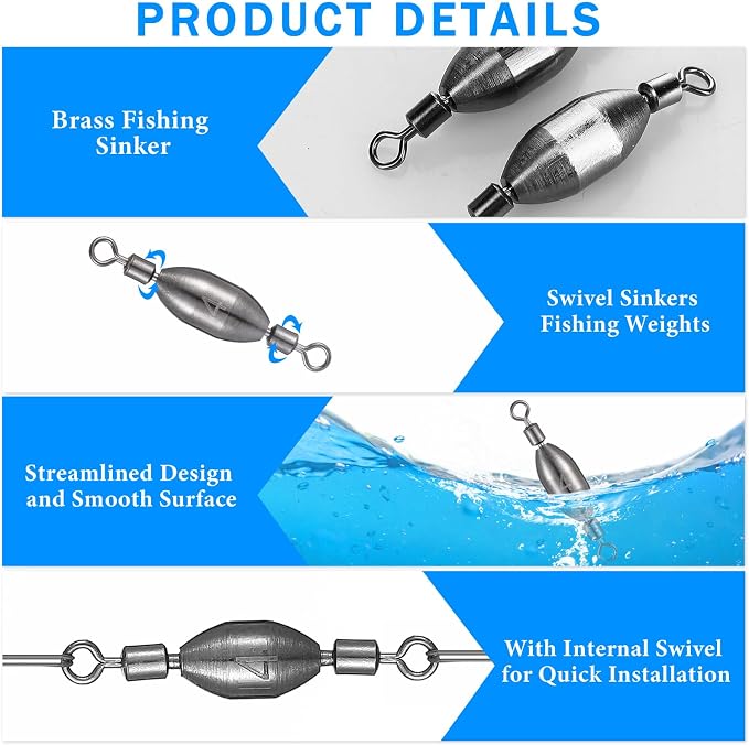 Seenelling 20 Pcs Brass Fishing Sinker Swivel Fishing Weights Saltwater Bullet Sinkers Drop Shot Weight Egg Sinkers with Swivel Rolling Removable Freshwater