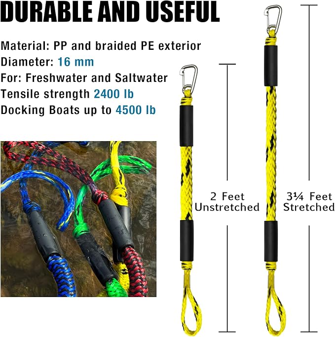 2FT Bungee Dock Line Boat Accessories 2pcs Fender Lines with 316 Stainless Clip for Boat Bumper/Boat Fender for Mooring for Jet Ski, Seadoo, Yamaha (Yellow&Black, 2Feet)