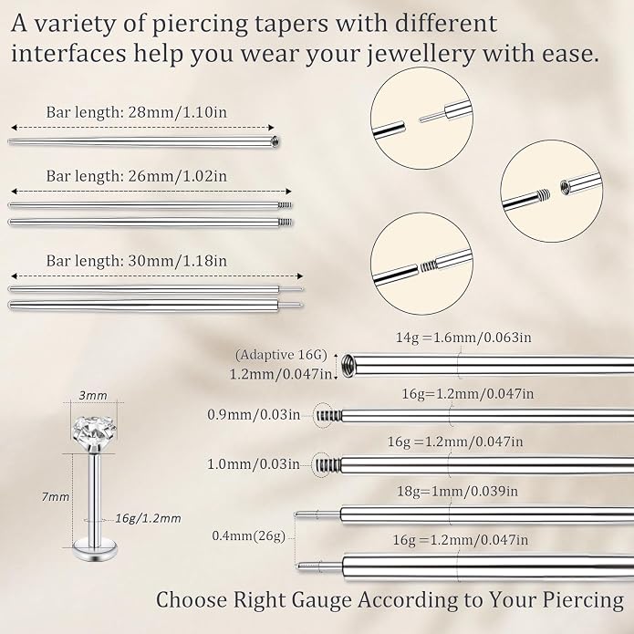 14G 16G 18G 20G Piercing Taper Piercing Ball Grabber Tool Stainless Steel Flat Back Earring Applicator Tool Threadless Insertion Pin Curved Body Piercing Kit for Ear/Nose/Navel/Lip/Eyebrow