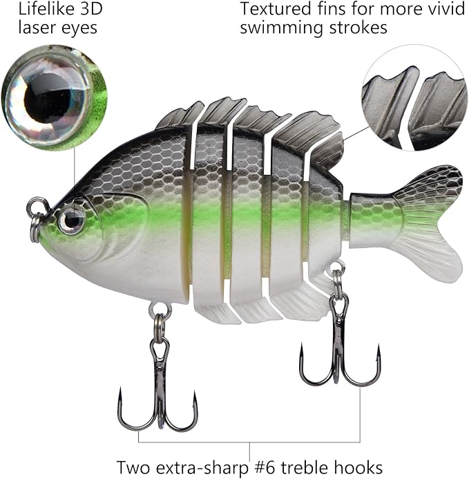 BASSDASH SwimPanfish Multi Jointed Panfish Bluegill Swimbaits Hard Topwater Bass Lures Fishing Lure Crank Saltwater 3.5in/0.85oz
