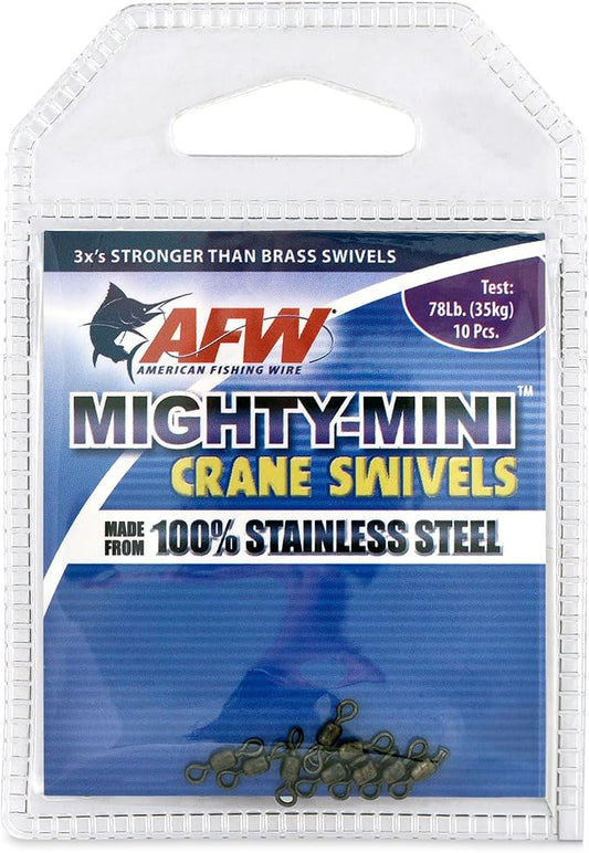 AFW American Fishing Wire Fishing Swivels - Mighty Mini 100% Stainless Steel Crane Swivels, 3X Stronger Than Brass, for Terminal Tackle Box, Up to 600lb Test - Fishing Gear for Fishing Line Leaders