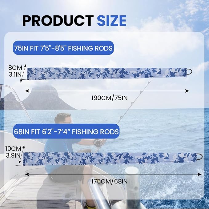 Neoprene Camo Fishing Rod Sleeves,Fishing Pole Sleeves,Fishing Rod Socks | UV Resistance,Puncture Resistant, Protect Casting, Spinning, Trolling Fishing Rods, Storage, tangled-free,75in,68in,60in