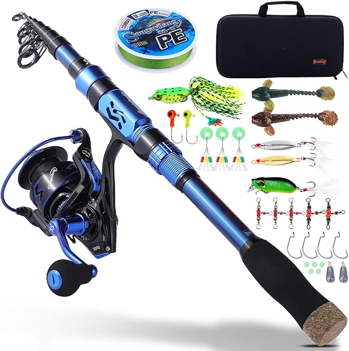 Sougayilang Fishing Rod and Reel Set Carbon Fiber Telescopic Fishing Rod 12+1BB Spinning Reel with Carry Case for Saltwater Freshwater