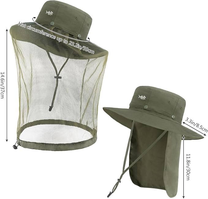 BASSDASH UPF 50+ Mosquito Sun Hat with Hidden Head Net and Neck Flap for Men Women Outdoor Fishing Hiking Camping