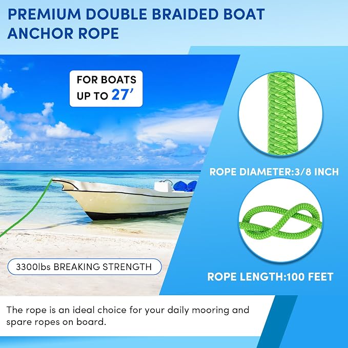 Boat Anchor Rope 100 ft x 3/8 inch Grass Green, Double Braided Anchor Line with Stainless Steel Thimble & Shackle, Marine Rope Ideal for Towing,Mooring,Decks,Anchoring,for Boats Up to 27'