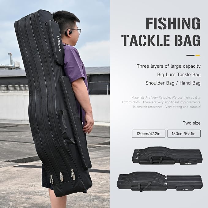 LEOFISHING Portable 3 Layers Fishing Pole Bag Durable Oxford Folding Fishing Rod Reel Carry Case Tackle Storage Bag Case Waterproof Camouflage Travel Fishing Carrier (Black, 120cm/47)