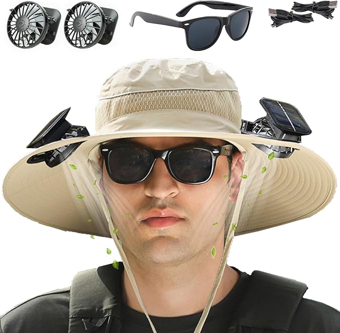 Fishing Hats with Sunglasses, Wide Brim Sun Hat with 2 Solar Fan, USB & Solar Powered Fishing Hats, Solar Fan Hats UPF 50+