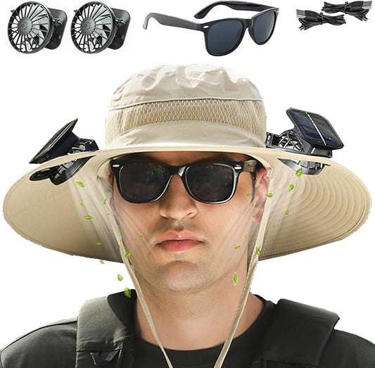 Fishing Hats with Sunglasses, Wide Brim Sun Hat with 2 Solar Fan, USB & Solar Powered Fishing Hats, Solar Fan Hats UPF 50+