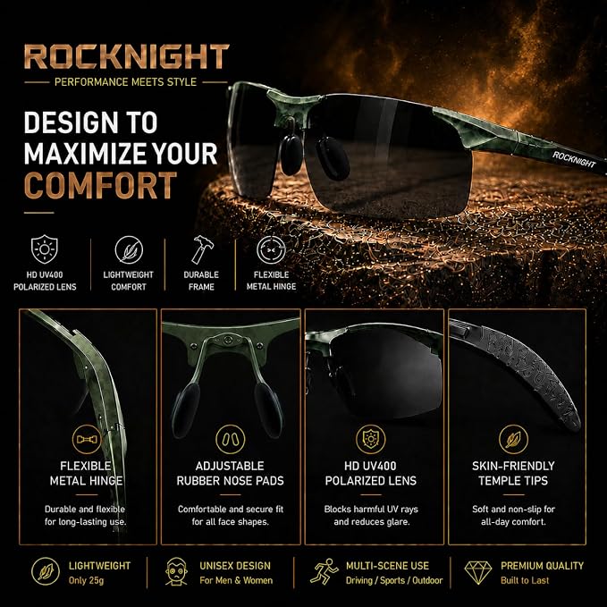 ROCKNIGHT Polarized Rectangular Sunglasses for Men Driving UV400 Protection Lightweight Al‑Mg Frame