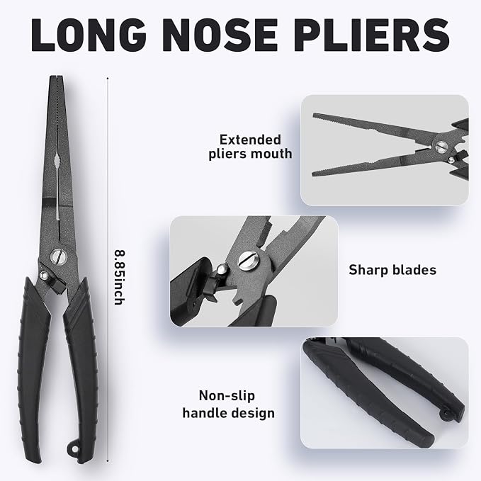 Golden J Teflon Fishing Pliers, Multi-Function Hook Remover-Long Nose Pliers, PE/Braided Line Cutter, Saltwater Resistant Fishing Gear, For Deep-Sea, Ice & Surf Fishing - Ideal for Anglers