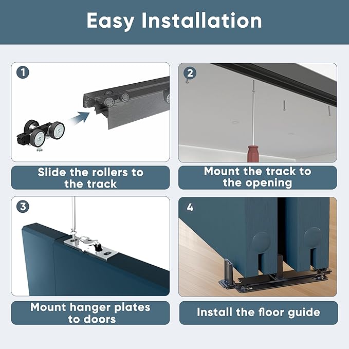 JUBEST 6FT Heavy Duty Bypass Door Hardware with Finger Pulls,Sturdy Aluminum Sliding Closet Door Track for 2 door System,Quietly and Smoothly,Fit Door Thickness 1 3/8" or 1 3/4",Easy to Install, Black