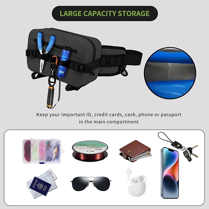 Waterproof Waist Bag with Fishing Rod Holder, Fanny Pack with Airtight Zipper Closure Multi-functional Lightweight Tackle Bag for Fly Fishing Outdoor Sports Camping Kayaking (Black)
