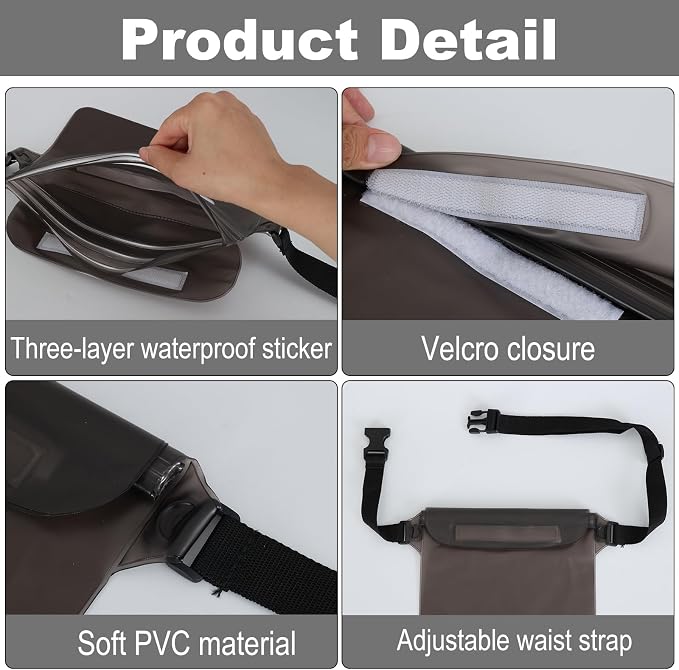 Triple zip lock protection Waterproof Fanny Pack - Waterproof Phone Pouch with Waist Strap，for Outdoor Water Sports, Boating, Hiking,Kayaking,Fishing ， Beach, Camping and Swimming (Transparent Black)