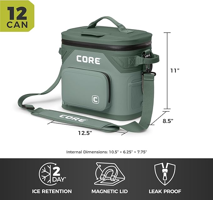 CORE Magnetic Leak Proof Soft Cooler with Waterproof Zipper | Insulated Bag Portable Ice Chest Box | Best Soft Cooler for Food & Beverages for Tailgating, Car Camping, Travel, and Family Beach Picnics