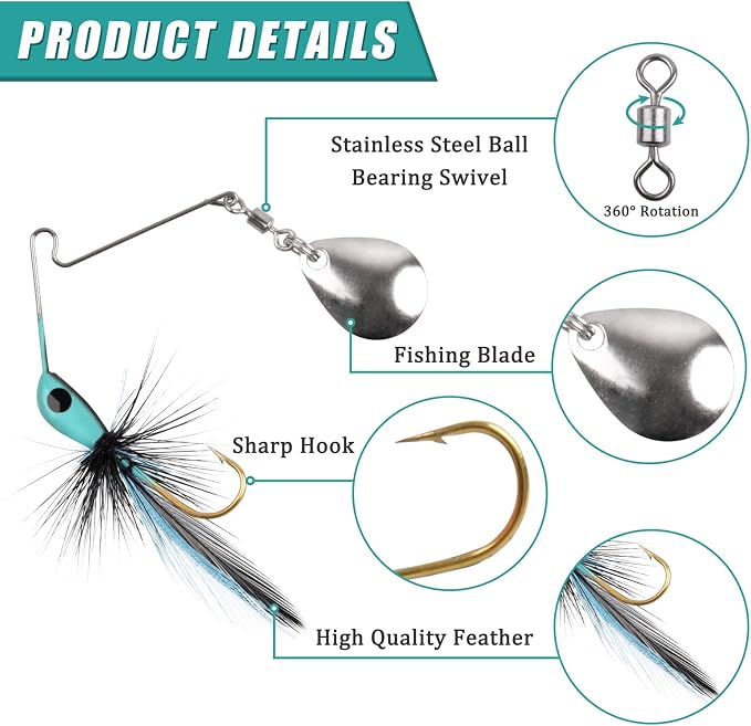 Spinnerbait Fishing Lures for Bass Trout Pike 6pcs Mini Rooster Bait Tail Fishing Spinner Lures Crappie Perch Bluegill Panfish Hard Metal Spinner Bait Jigs Freshwater Saltwater