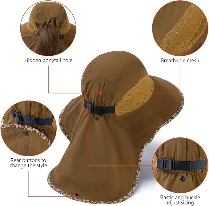 BASSDASH UPF 50+ Unisex Water Resistant Wide Brim Sun Hat with Large Neck Flap Ponytail Fishing Hat for Men Women