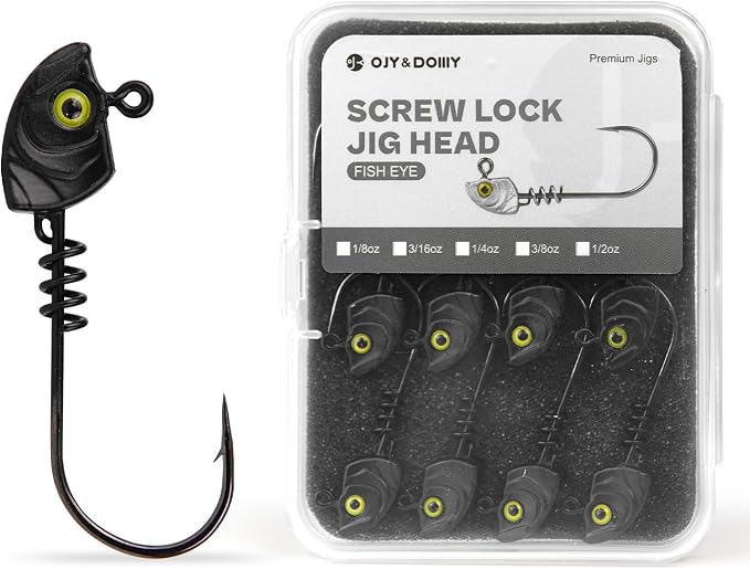 15-Pack Screw Lock Swimbait Jig Heads – 3D Chartreuse Eyes 1/8 3/16 1/4 3/8 1/2 oz, 3/0 & 4/0 Fishing Hooks