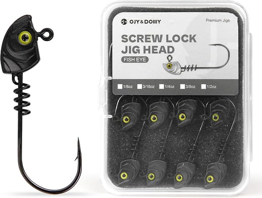15-Pack Screw Lock Swimbait Jig Heads – 3D Chartreuse Eyes 1/8 3/16 1/4 3/8 1/2 oz, 3/0 & 4/0 Fishing Hooks
