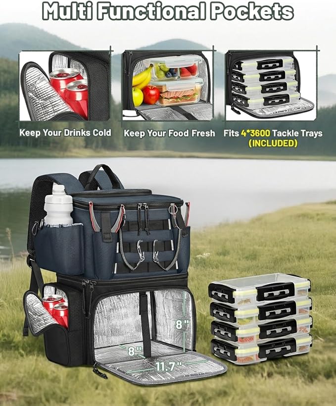MATEIN Fishing Backpack with 4 Tackle Boxes, Fishing Bag with Rod Holder & Safety Compass & Cooler, Gifts for Fishermen