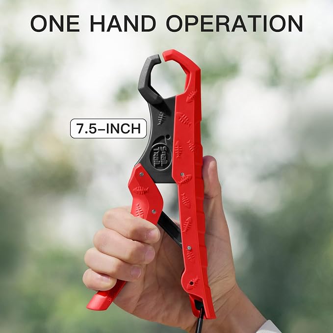 SNAIL TRAIL 7.5'' Floating Fish Gripper, Fishing Grabber, Catfish Mouth Pliers, Caught Bass Holder, Fish Scale Hook Clamp, Saltwater Lip Grip Tool with Lanyard, Gifts for Men, Red-Black