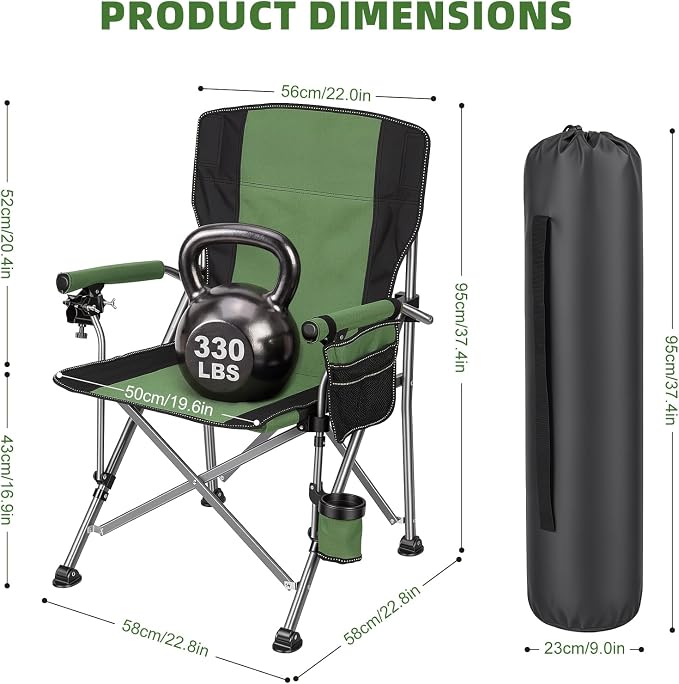 Folding Fishing Chair with Rod Holder, 150Kg Heavy Duty All Terrain Chair with Side Pocket, Cup Holder, Portable Adults Armchair for Outdoor, Camping, Garden, Beach, Lawn Black Green
