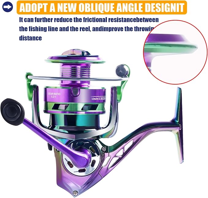 1pcs 5.2:1 Gear Ratio 6+1BB Spinning Reel - Iridescent Color-Shift Fishing Reel with Metal Spool for Long Cast & Saltwater