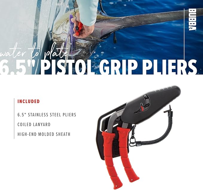 BUBBA Pistol Grip Stainless Steel Pliers, Spring Loaded with Crimping Tool and Anvil Cutter, Lanyard Hold and Sheath