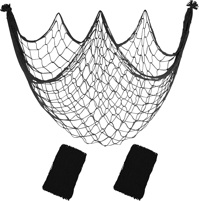 10x5 Feet X-Large Fish Net Decorations for Party - 2 Pack Black Fishing Net Decor for Halloween Gothic Pirate Party, 3mm Cotton Decorative Netting Table Runner Photo Display Backdrop Wall Decor