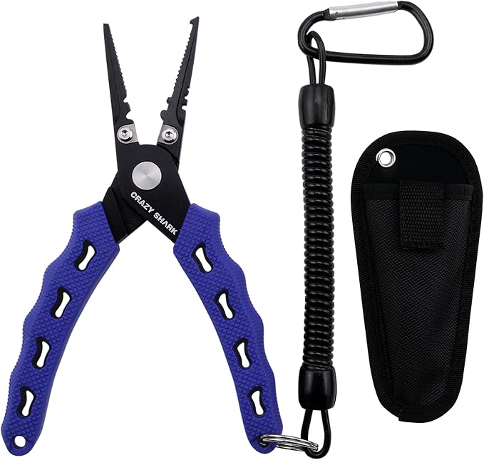 Fishing Pliers, Stainless Steel Fishing Tools, Saltwater Resistant Fishing Gear, Tungsten Carbide Cutters, Split Ring Pliers, Hook Remover with Coiled Lanyard and Sheath