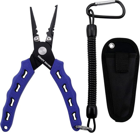 Fishing Pliers, Stainless Steel Fishing Tools, Saltwater Resistant Fishing Gear, Tungsten Carbide Cutters, Split Ring Pliers, Hook Remover with Coiled Lanyard and Sheath