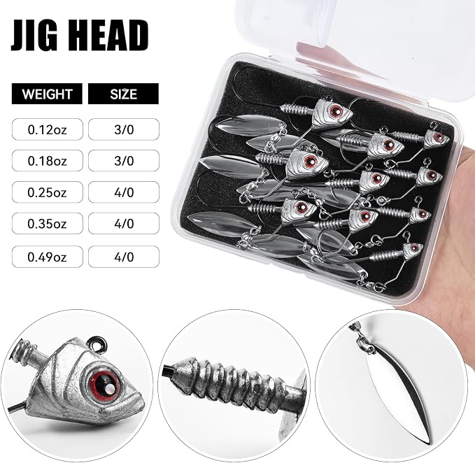 10Pcs Underspin Jig Heads with Spinner Blades 1/8 3/16 1/4 3/8 1/2oz Fishing Jig Heads with 3D Eyes for Bass Crappie Freshwater Saltwater Fishing