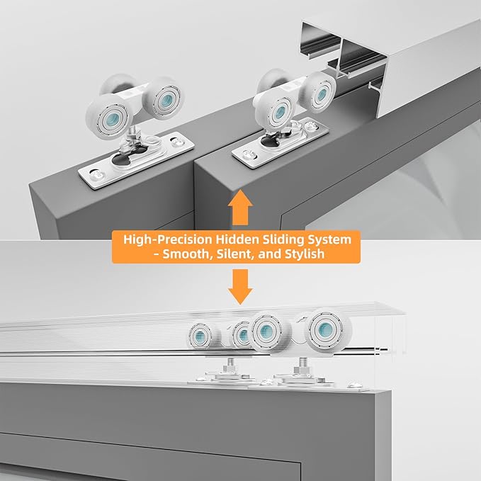 LAJIAOZ 6FT Aluminum Bypass Sliding Door Hardware Kit, 2 Door System with Finger Pulls, Quiet & Smooth Rollers, Fits 1 3/8"-1 3/4" Thickness Closet Cabinet Room Divider Sliding Track Set, Silver