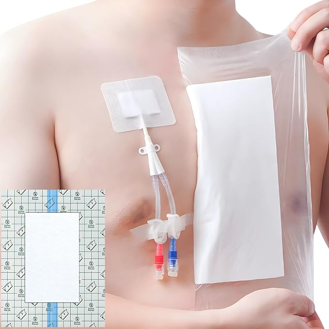 Waterproof Shower Cover Shields Dialysis Port Picc Line Chest Catheter PD Peritoneal Dialysis Chemo, Non-Stick Center Pad for Feeding Tube Peg G-Tube Patient Bandage Protector, 12"x16"(Pack of 14)