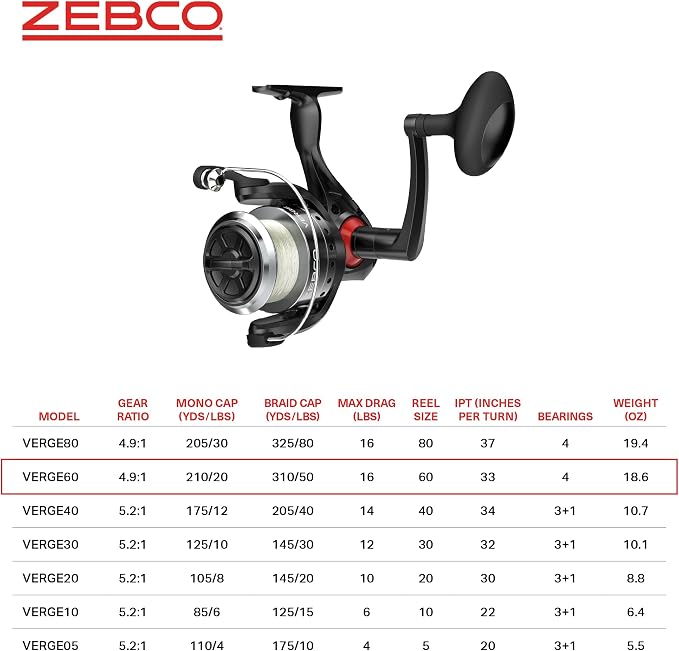 Zebco Verge Spinning Fishing Reel, Right or Left-Hand Retrieve, Pre-Spooled with Zebco Fishing Line, All-Metal Gears, TRU Balance Rotor, Black