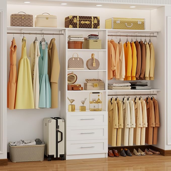 Closet System with 3 Drawers, 4-8FT Custom Closet Organizer System Modular with Adjustable Shelves for Walk in Closets with 3 Expandable Rods, Wood Built In Closet Storage System Heavy-Duty, White