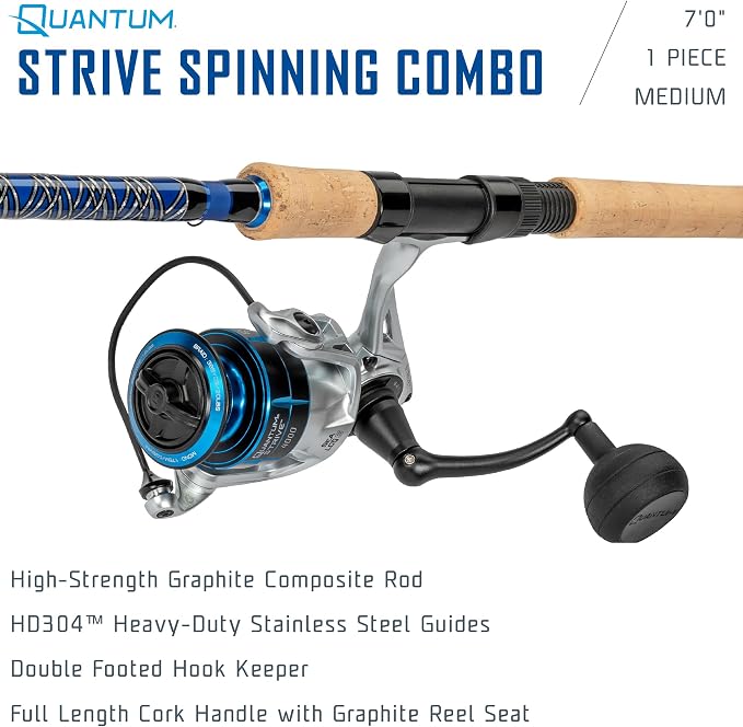 Quantum Strive Spinning Reel and Fishing Rod Combo, Graphite Composite Blank, 4+1 Bearings, Silver/Blue