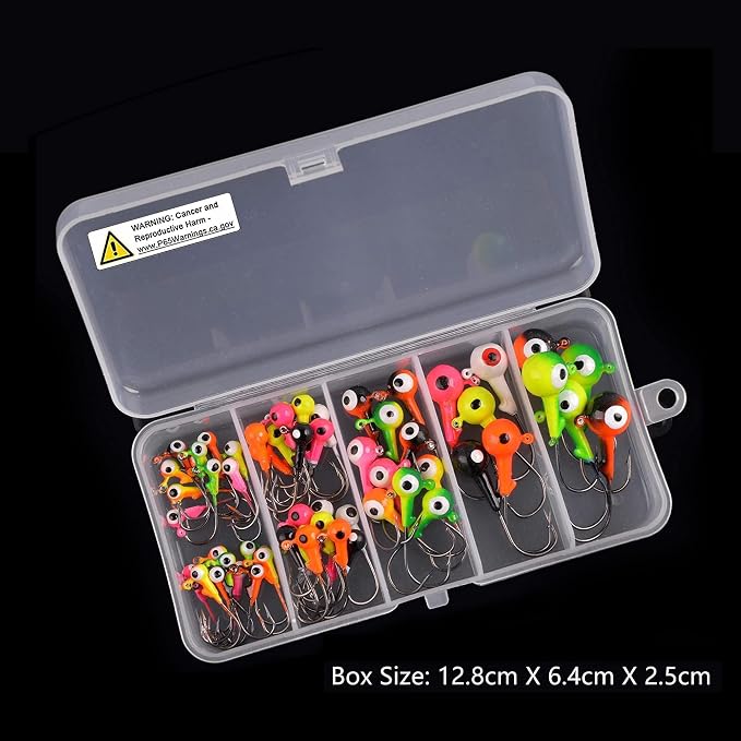 OROOTL Fishing Jig Heads Hooks Set, 60pcs Assorted Round Jig Head with 3D Eyes Painted Jig Heads for Crappie Bass Walleye 3/8oz 1/4oz 1/8oz 1/16oz 1/32oz Saltwater Freshwater Fishing Tackle Kit
