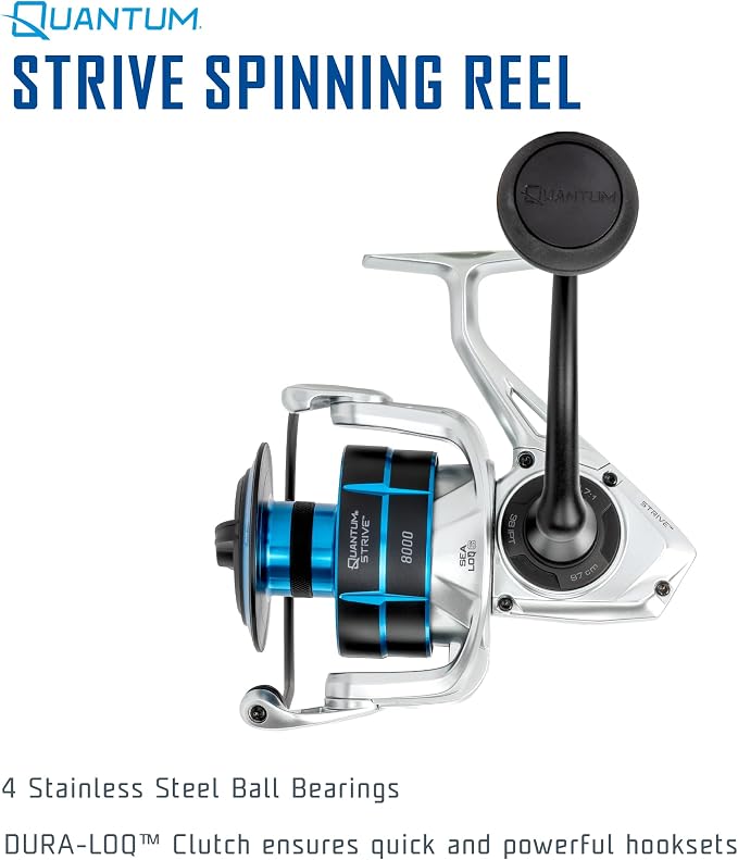 Quantum Strive Spinning Fishing Reel, Rigid Aluminum Frame, Graphite Rotor, Sealed Design, CFX200 Carbon Fiber Xtreme Drag, Silver/Blue