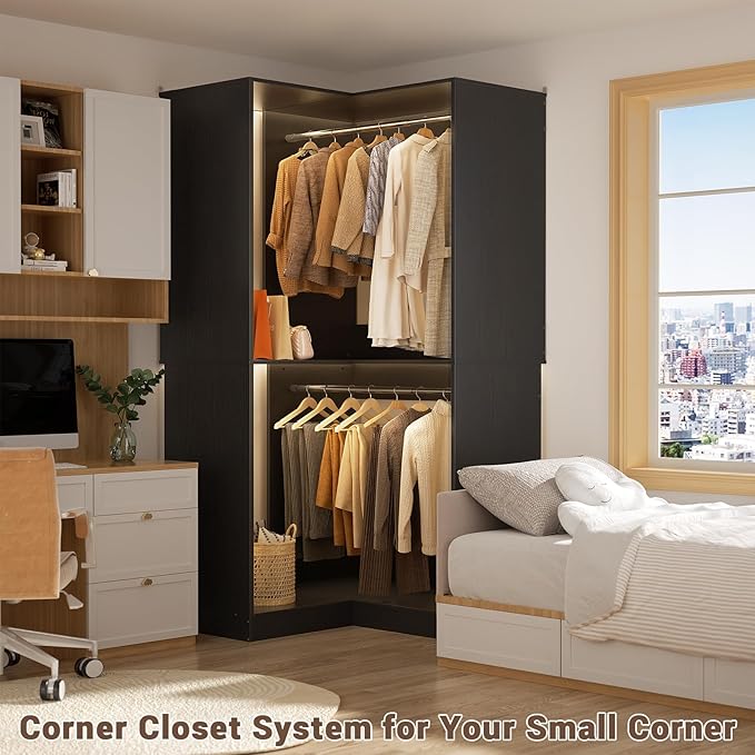 Armocity Corner Closet System, 32 Inches Wide Wood Corner Unit with 2 Hanging Rods and All Hardware Kits, 3-Tier 80'' Height Corner Wood Closet Tower, Black