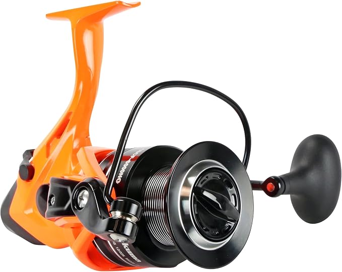 Okuma Cat Slayer Custom 6000 Baitfeeder Reel – Catfish Spinning Reel with Dual Force Drag, Flite Drive System & UV Reactive Neon Orange Finish, CSCF-6000NO