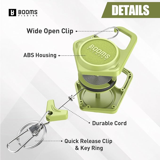 Booms Fishing Scissors for Braided Line: Braided Line Cutter with Zinger Retractor for Saltwater and Freshwater - Micro Serrated Shears Multi-Function Fishing Snips, S01 3.9" Green