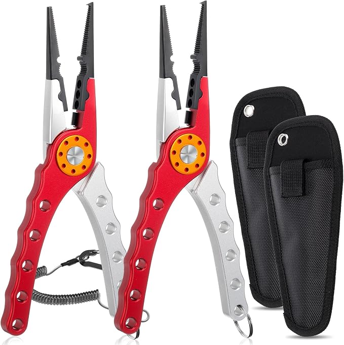Lasnten 2 Pcs Fishing Pliers Saltwater Braid Cutters 7.8'' Fishing Hook Remover Split Ring Fishing Tools with Sheath and Lanyard Gear Gifts for Fish Line Cutting Boat Fly Ice Fishing (Red, Silver)