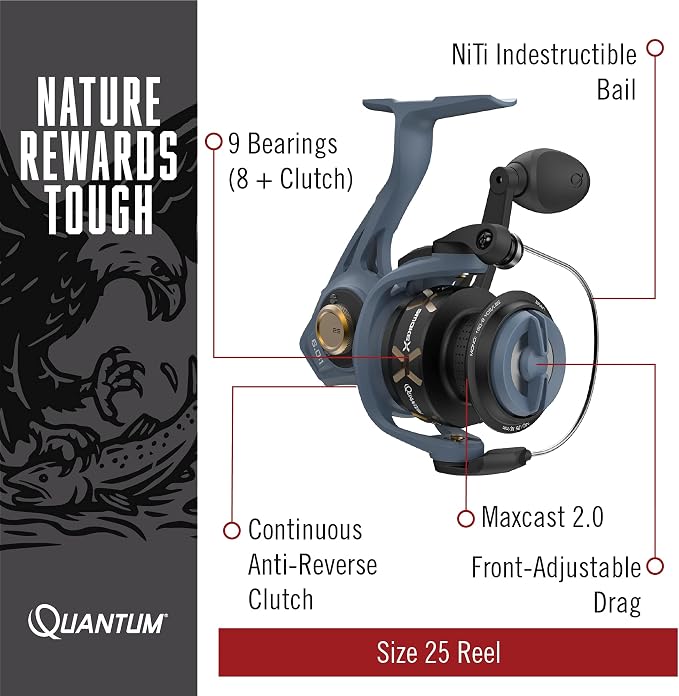 Quantum Smoke X Spinning Fishing Reel, Size 25 Reel, Changeable Right- or Left-Hand Retrieve, Continuous Anti-Reverse Clutch with NiTi Indestructible Bail, SCR Alloy Frame, 6.0:1 Gear Ratio, Blue