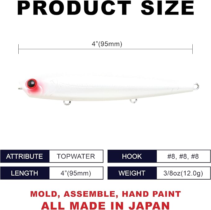LUCKY CRAFT Gunfish 95 3 Hook Freshwater Fishing Lures and Bait for Bass Fish, Topwater Fish Line, Surface Bait with Treble Hooks, Fishing Gear for Tackle Box