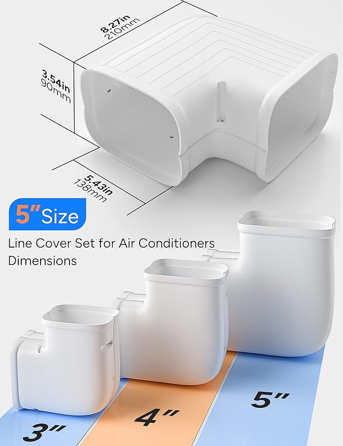 Flat Elbow, Flexible Level Bend Cover Line Set Cover Kit Accessories for Ductless Air Conditioners and Heat Pumps, PVC Decorative Upgraded UV-Proof Strong& Durable (5" Fixed)