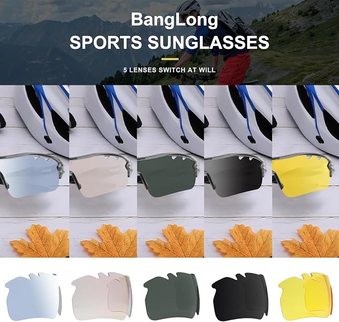 BangLong Polarized Cycling Sunglasses for Men Women, 26g Sports Sunglasses with 5 Lenses for Running Fishing Baseball Driving