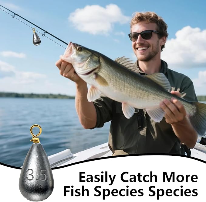 Casting Sinker Weights Assortment, Teardrop Fishing Sinkers with Brass Swivel Loops, 1/8 oz to 3/4 oz, Drop Shot Weights for Bass Catfish, Freshwater Saltwater