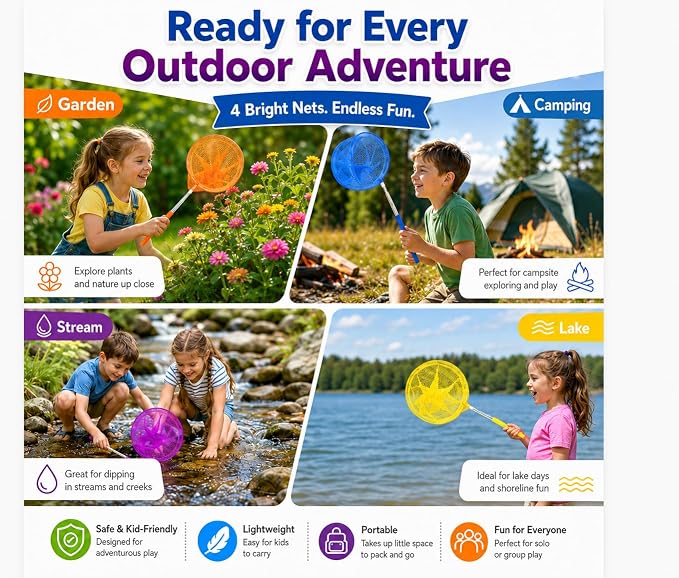 Kids Telescopic Butterfly Fishing Nets - RAINFLOW Anti Slip Grip Butterfly Catcher Catching for Kids Insect Net Colorful Outdoor Tools Catching Bugs Fish Insect Ladybird, Extendable 34 inches