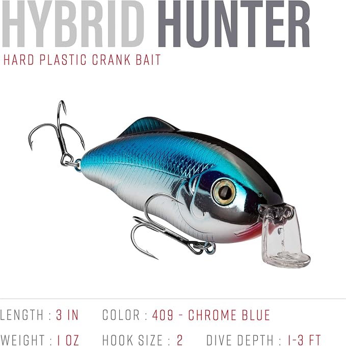 Strike King Hybrid Hunter Shallow Jr. Fishing Lure, Shallow Diving Crankbait, 90-Degree Bill, 3D Eyes, Loud Rattle, Dives 1 to 3-Feet,Size 4 & 6 Treble Hooks